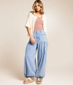 CAMELLIA High Rise Wide Leg Cinch Stretch Pant Blue New