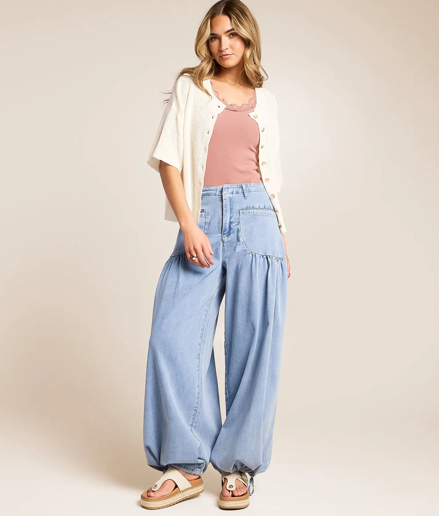 CAMELLIA High Rise Wide Leg Cinch Stretch Pant Blue New