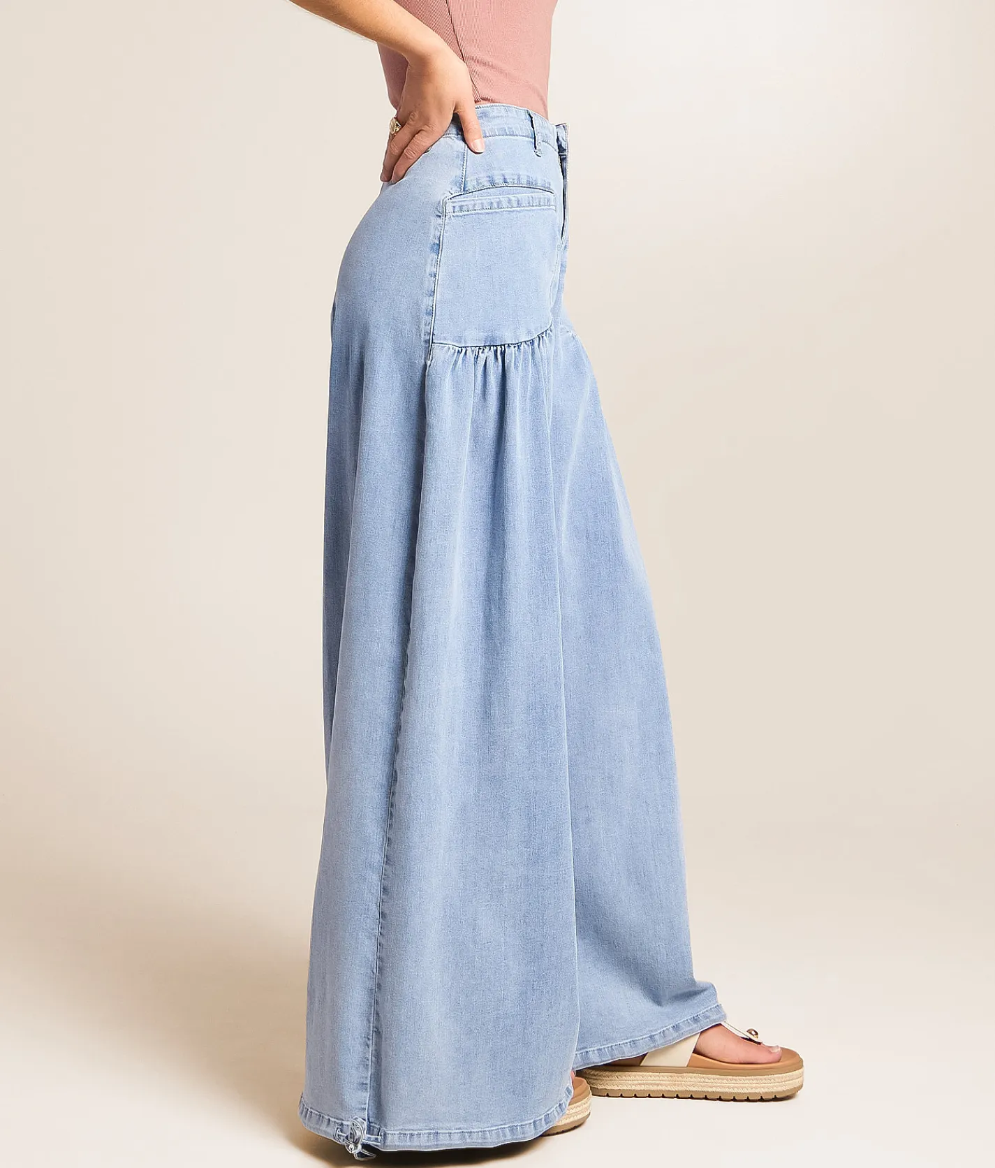 CAMELLIA High Rise Wide Leg Cinch Stretch Pant Blue New