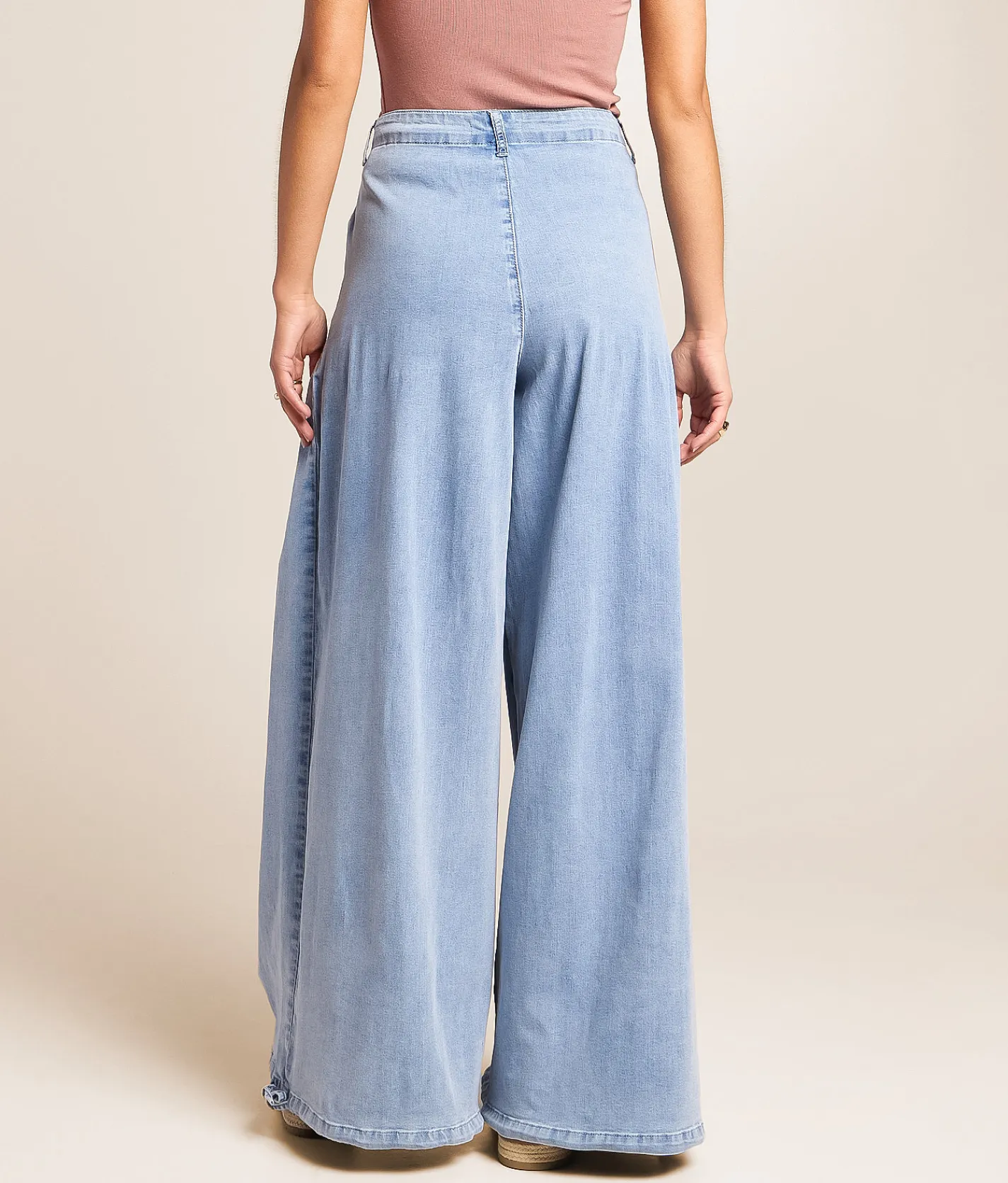 CAMELLIA High Rise Wide Leg Cinch Stretch Pant Blue New