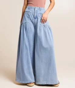 CAMELLIA High Rise Wide Leg Cinch Stretch Pant Blue New