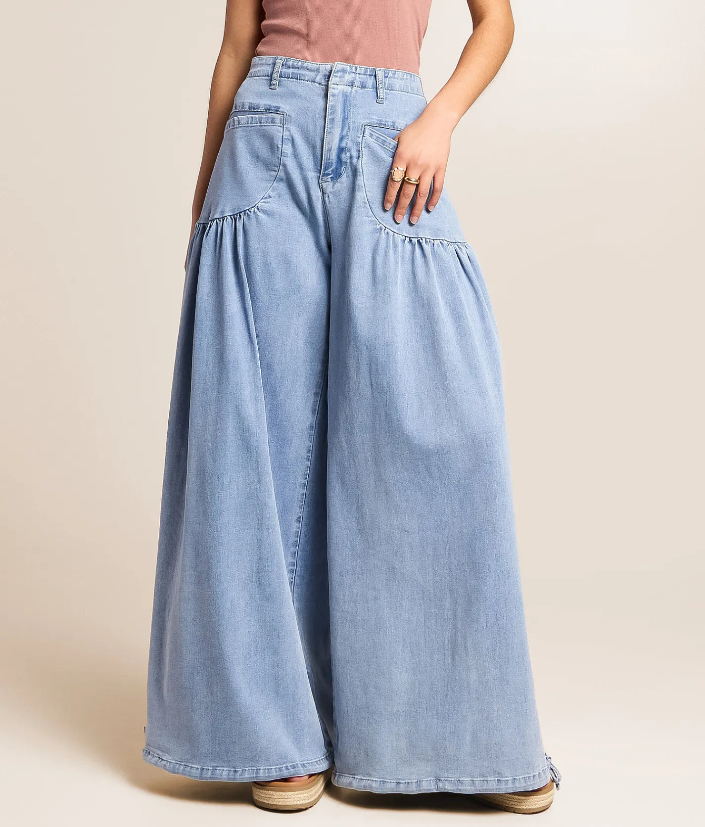 CAMELLIA High Rise Wide Leg Cinch Stretch Pant Blue New