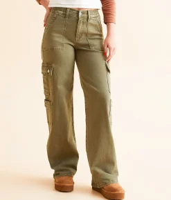 Flying Monkey High Rise Wide Leg Stretch Cargo Pant Green Clearance