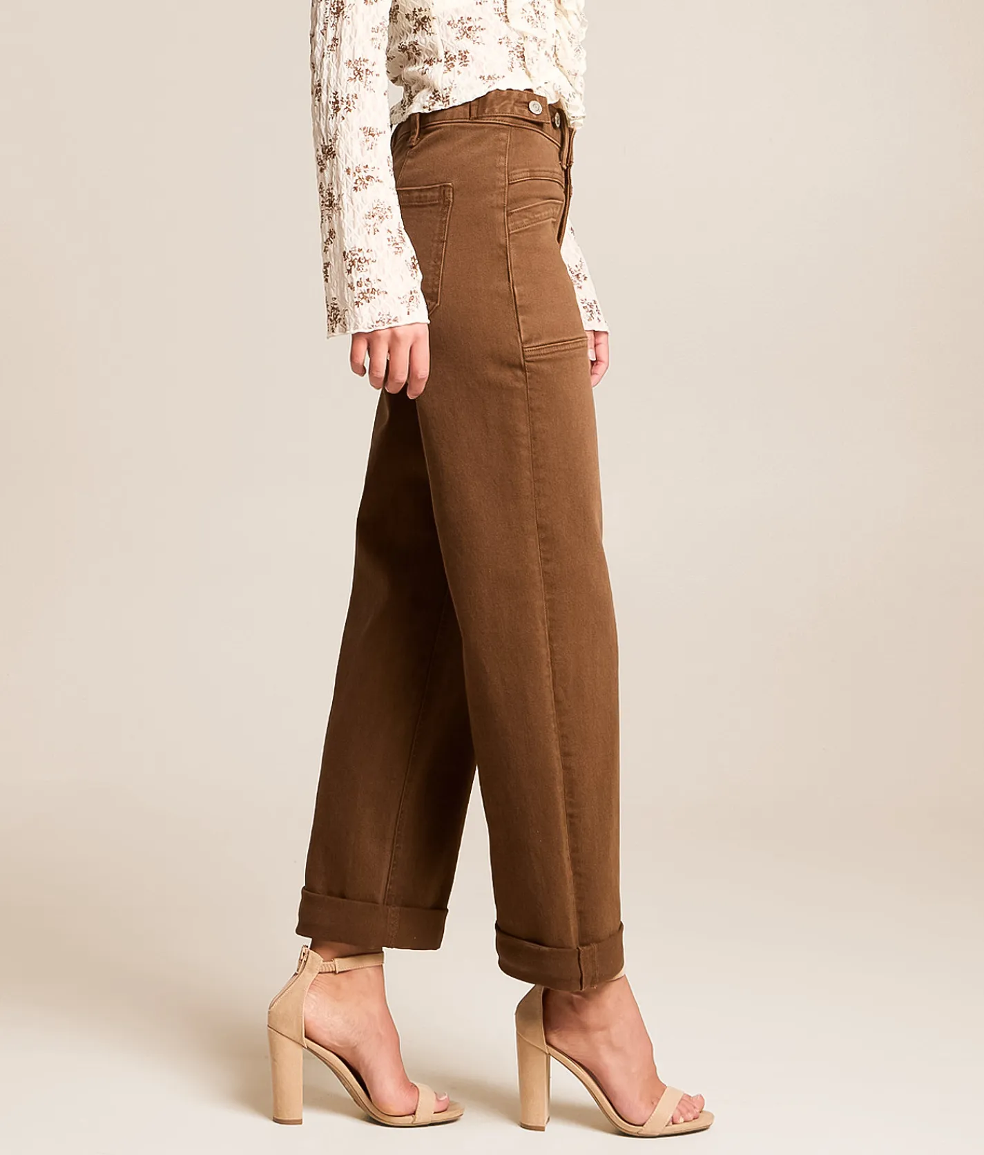 Flying Monkey High Rise Wide Leg Stretch Cuffed Jean Coffee Outlet