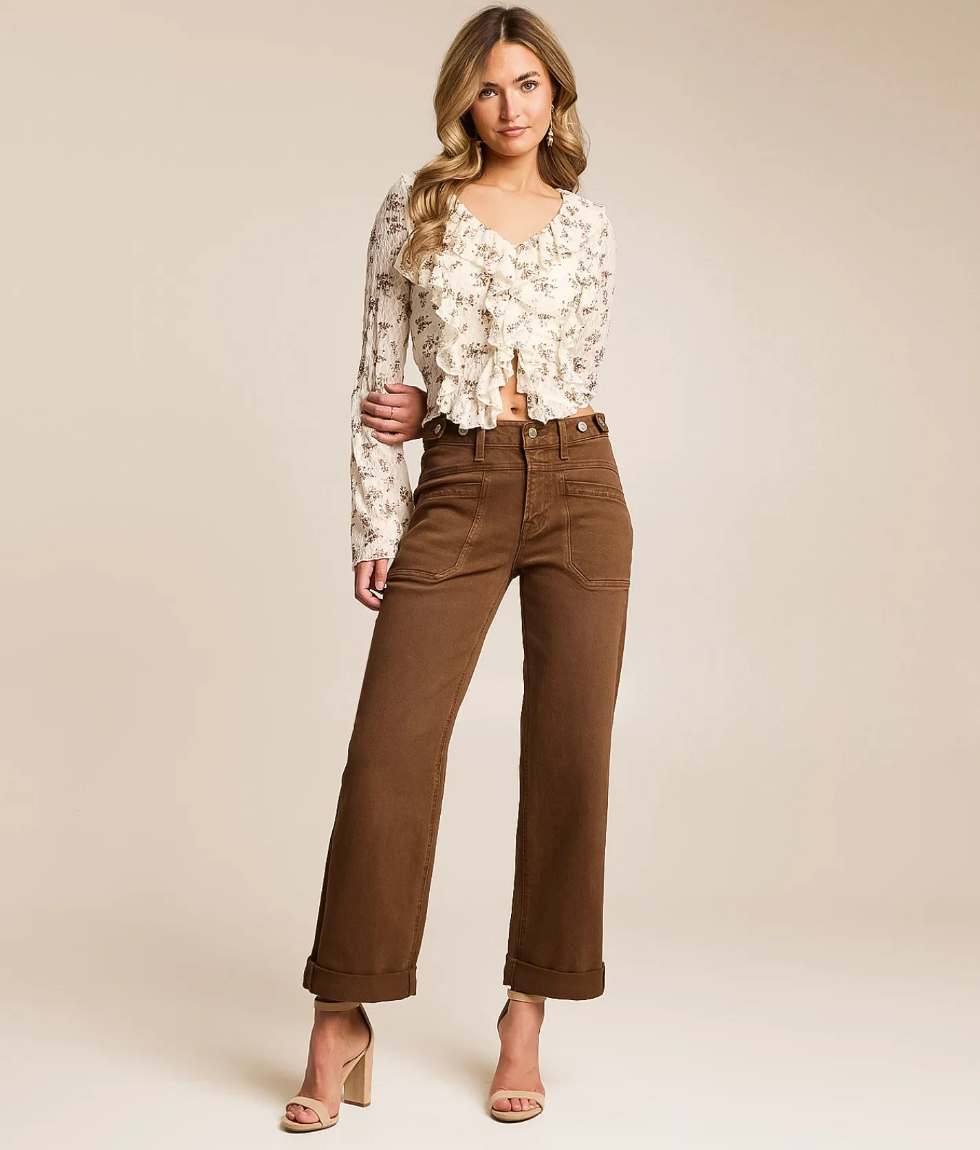 Flying Monkey High Rise Wide Leg Stretch Cuffed Jean Coffee Outlet
