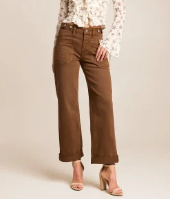 Flying Monkey High Rise Wide Leg Stretch Cuffed Jean Coffee Outlet