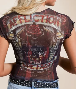 Tops | Affliction Hollow Point Mesh Baby Cropped T-Shirt Black
