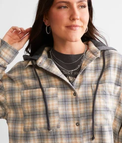 Tops | BKE Hooded Flannel Boyfriend Shirt Grey