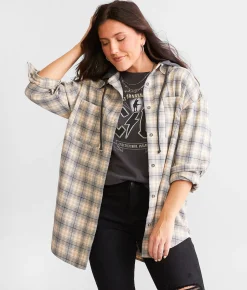 Tops | BKE Hooded Flannel Boyfriend Shirt Grey