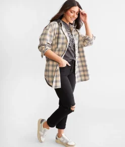 Tops | BKE Hooded Flannel Boyfriend Shirt Grey