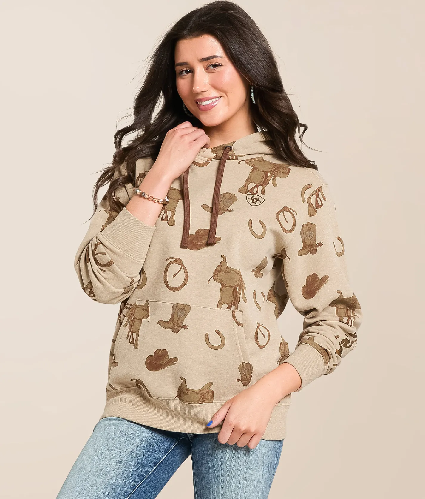 Tops | Ariat Horse Saddle Hooded Sweatshirt Savannah Tan Heather