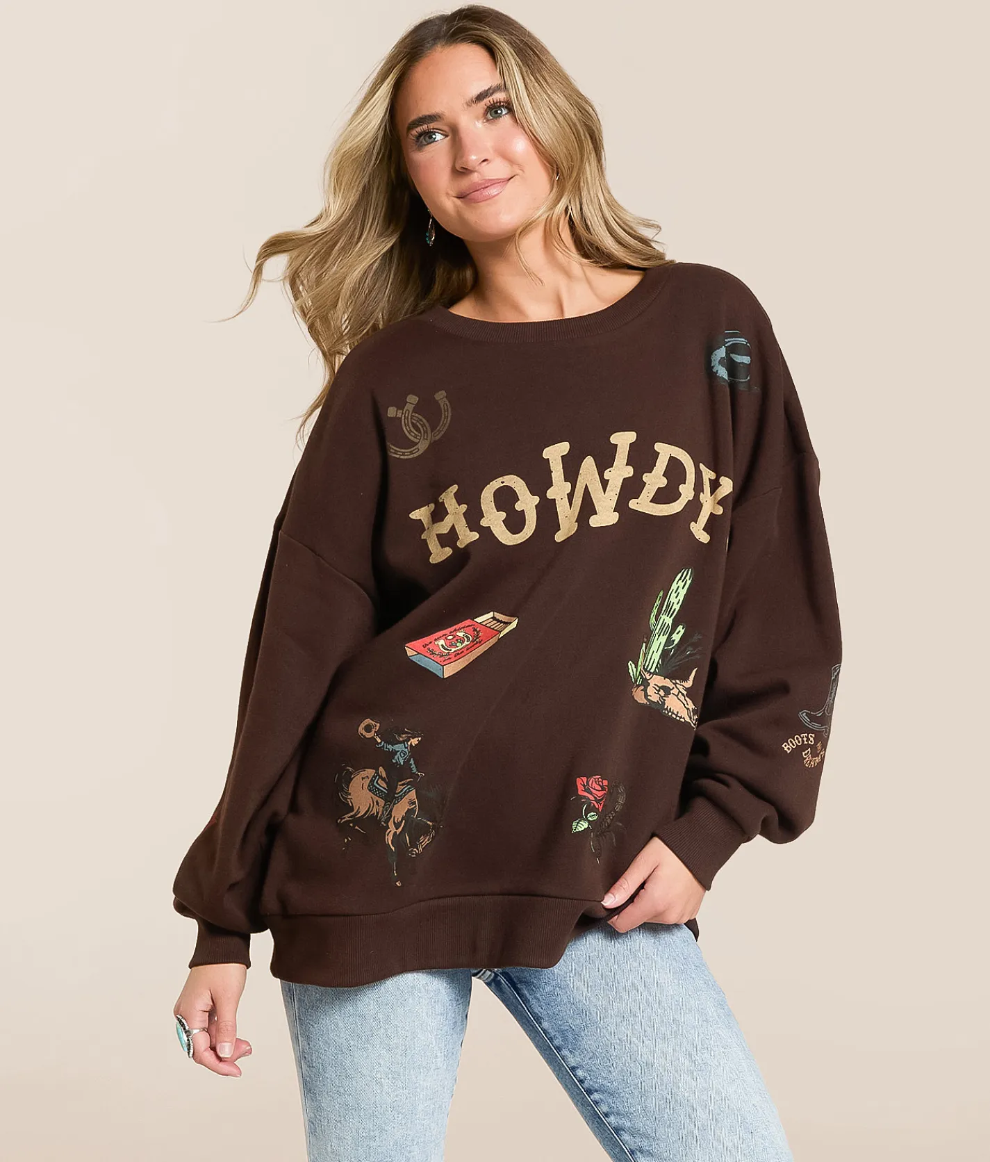 Tops | Modish Rebel Howdy Tattoo Oversized Pullover Chocolate Brown