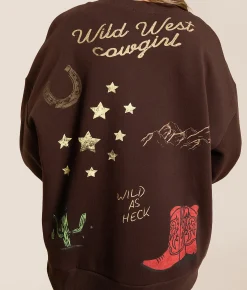 Tops | Modish Rebel Howdy Tattoo Oversized Pullover Chocolate Brown