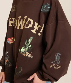 Tops | Modish Rebel Howdy Tattoo Oversized Pullover Chocolate Brown