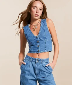 Billabong Indigo Skies Cropped Denim Vest Salt Washed Clearance