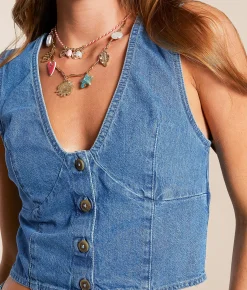 Billabong Indigo Skies Cropped Denim Vest Salt Washed Clearance