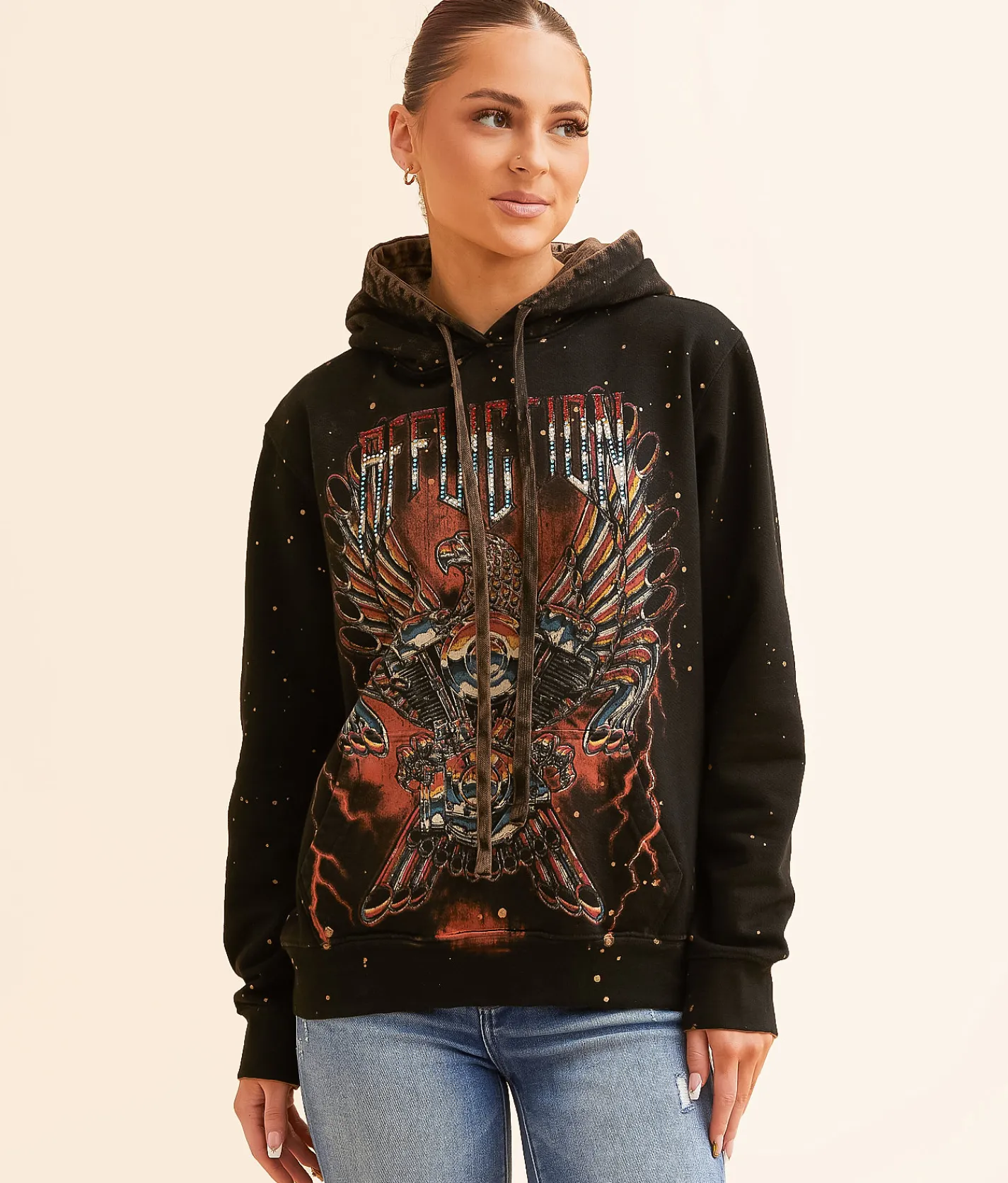 Affliction Iron Eagle Hooded Sweatshirt Black Rustic Brown Lava