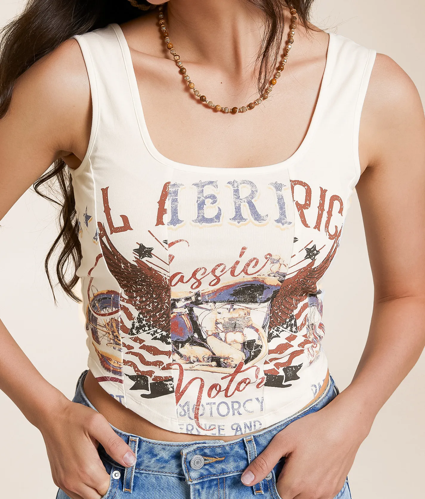 La La Land Iron Horse Corset Cropped Tank Top Ivory Outlet