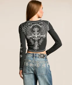 Affliction Iron Soul Cropped Thermal Black Beauty Burnout Wash New