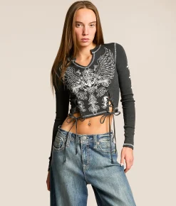 Affliction Iron Soul Cropped Thermal Black Beauty Burnout Wash New