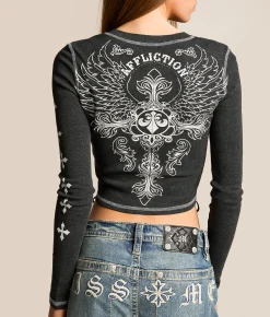 Affliction Iron Soul Cropped Thermal Black Beauty Burnout Wash New