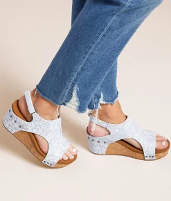 Very G Isabella Western Wedge Sandal Lt Grey New
