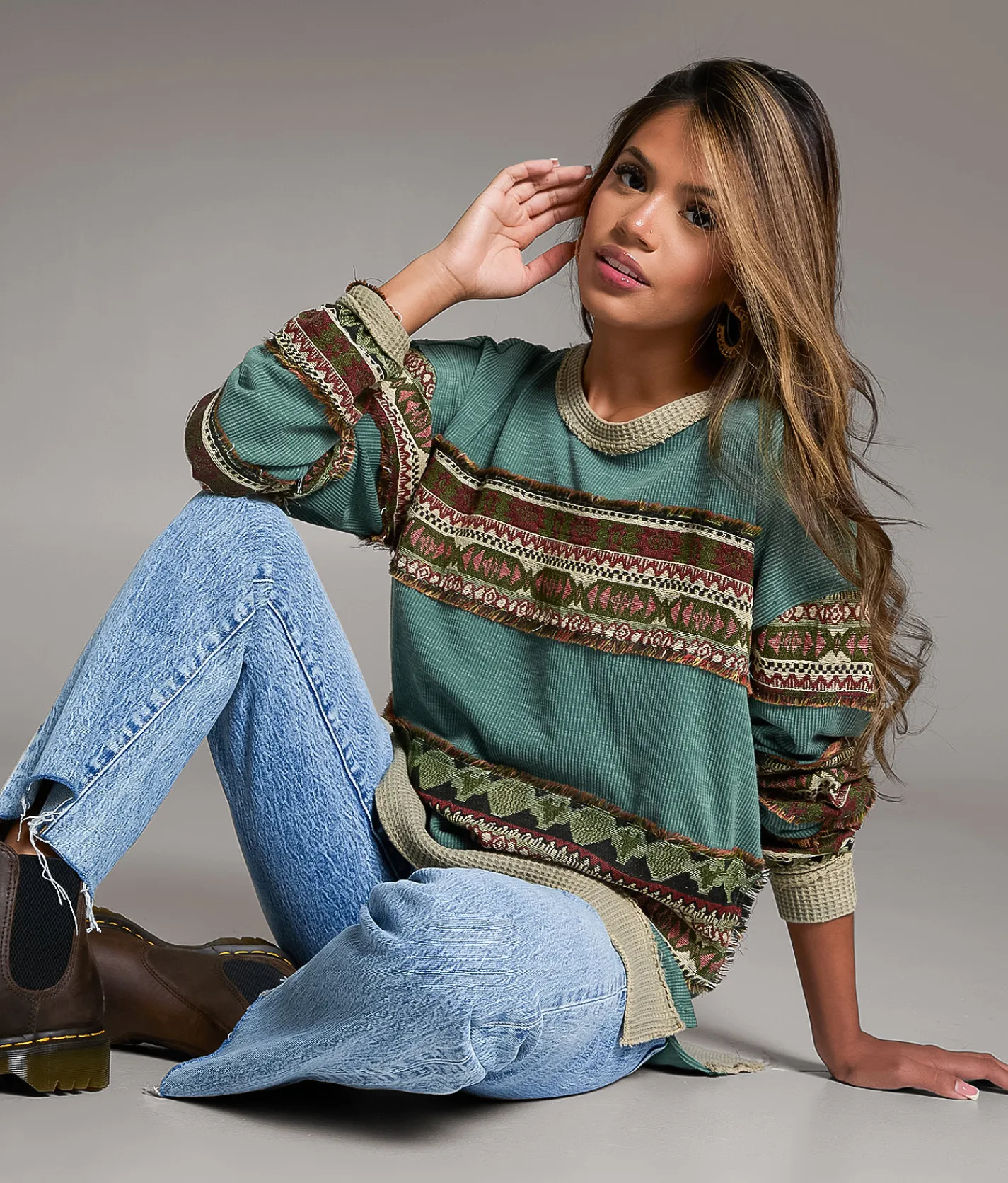 Tops | BKE Jacquard Applique Fringe Oversized Top Assorted