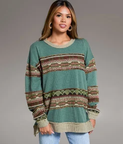 Tops | BKE Jacquard Applique Fringe Oversized Top Assorted