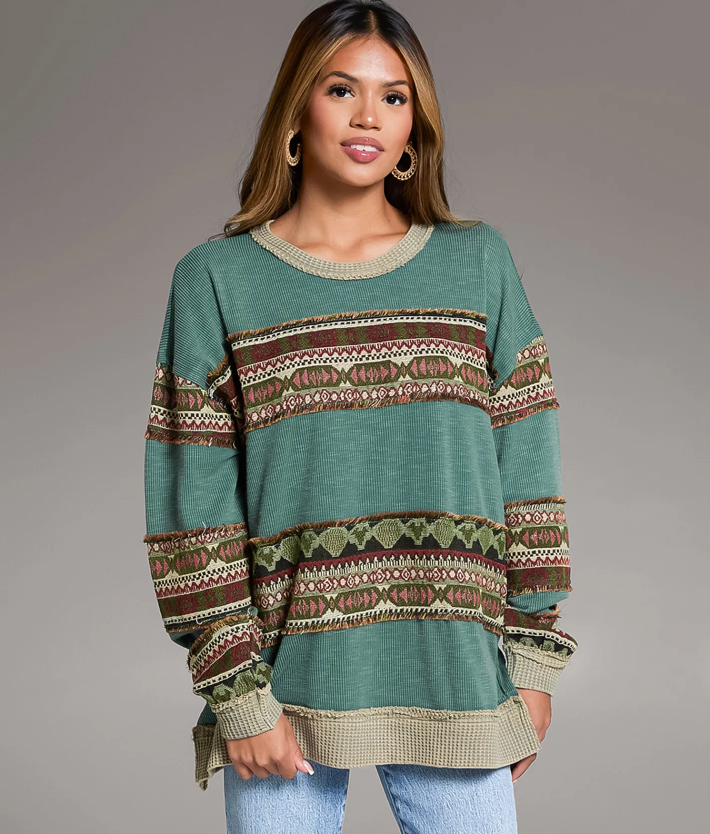 Tops | BKE Jacquard Applique Fringe Oversized Top Assorted