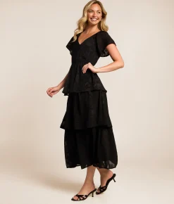 Dresses | Willow & Root Jacquard Floral Tiered Midi Dress Black