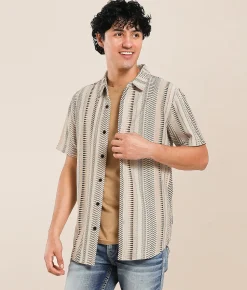 Nova Industries Jacquard Knit Shirt Tan Black Clearance