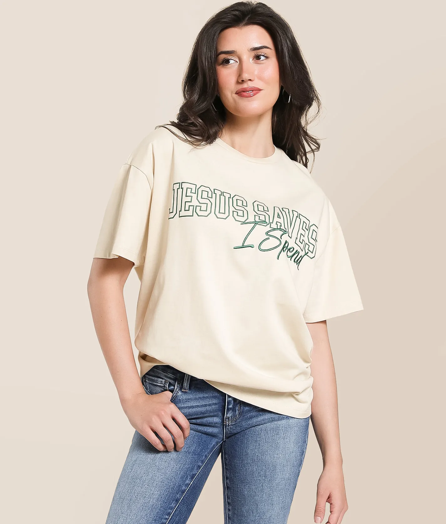 Tops | Modish Rebel Jesus Saves I Spend Oversized T-Shirt Cream