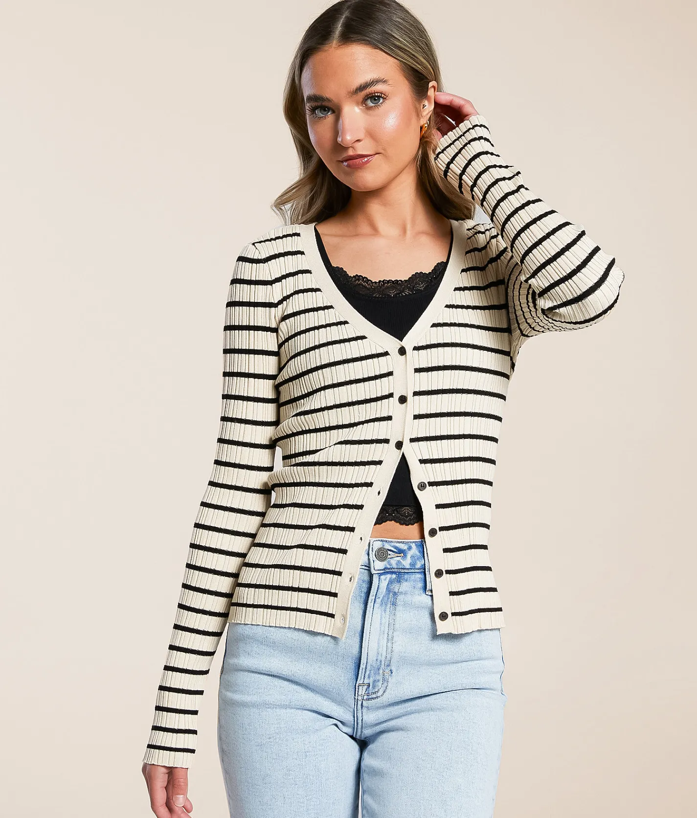 Z Supply Jordana Striped Cardigan Sweater Sandshell Clearance