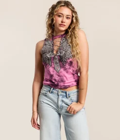 Tops | Affliction Jovial Rhinestone Lace-Up Tank Top Chateau Rose Raisin Cryst