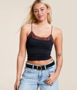 Free People Jules Seamless Cropped Cami Tank Top Black Combo Sale