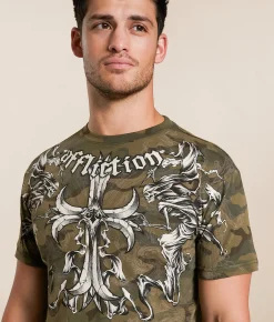 Affliction Jump T-Shirt Green Camo Lava Wash Best