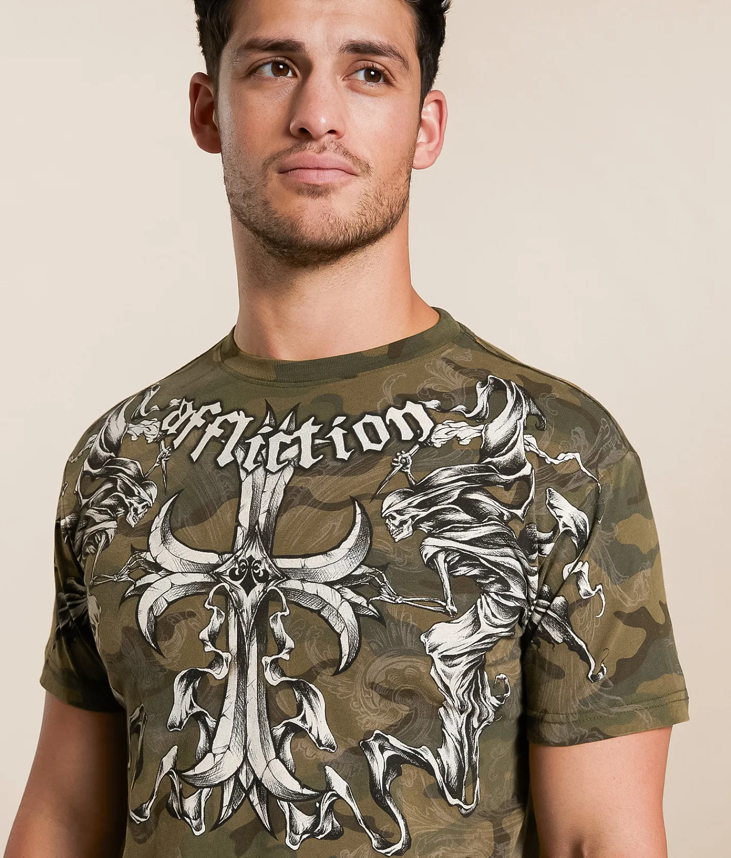 Affliction Jump T-Shirt Green Camo Lava Wash Best