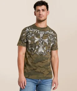 Affliction Jump T-Shirt Green Camo Lava Wash Best
