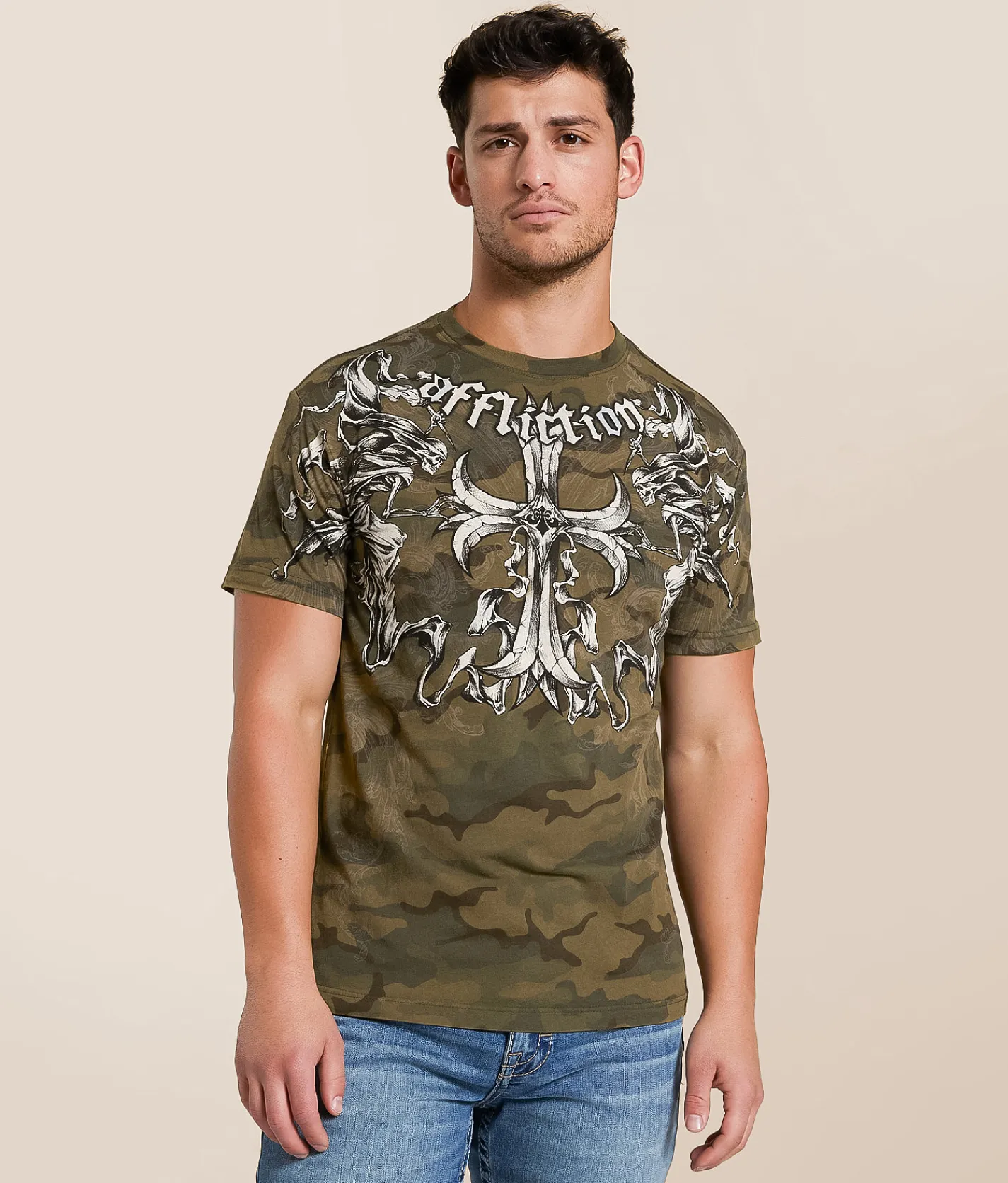 Affliction Jump T-Shirt Green Camo Lava Wash Best