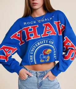 Tops | Gameday SOCIAL® Kansas Jayhawks Cropped Pullover Royal Blue