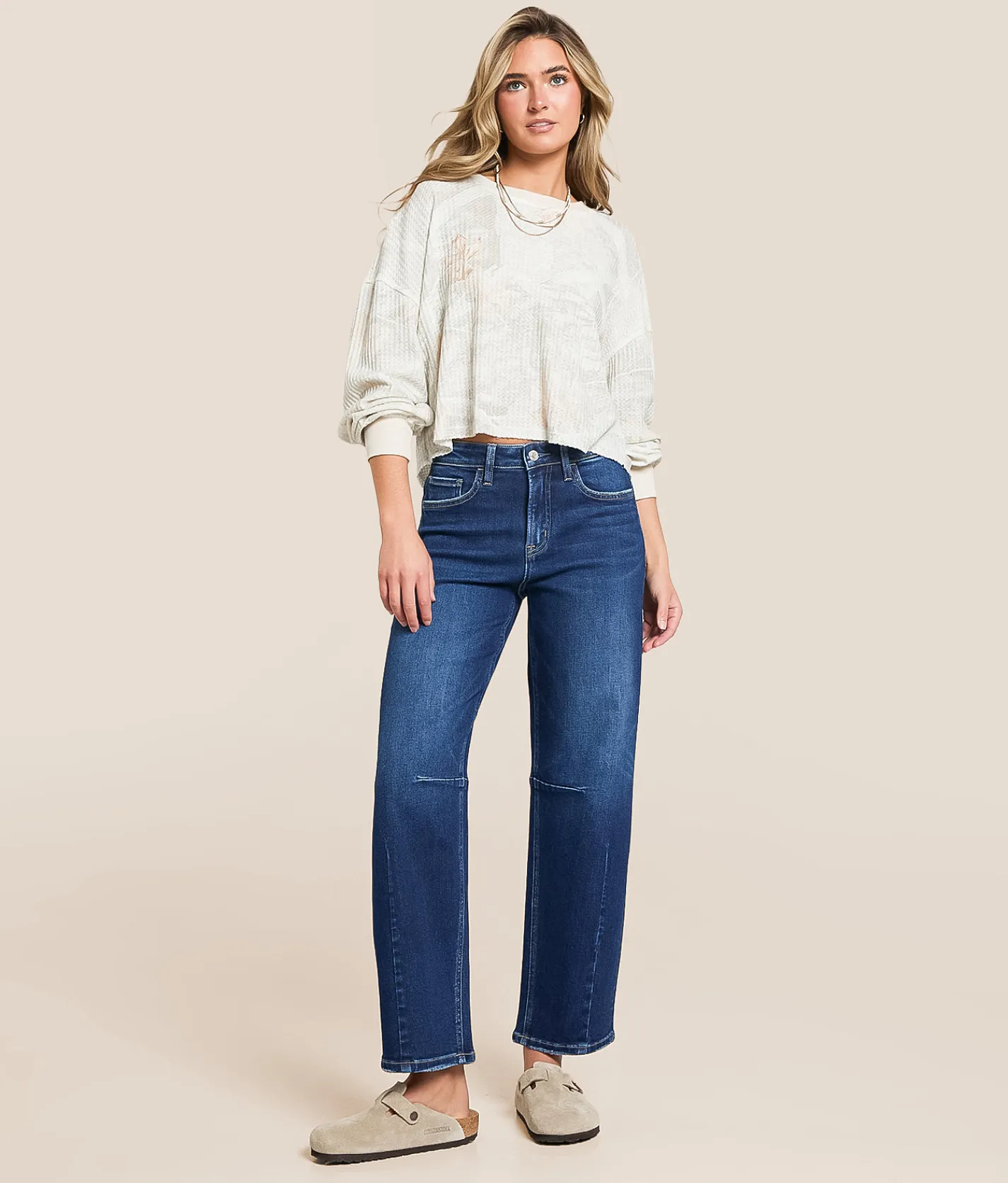 Jeans|Bottoms | VERVET by Flying Monkey Kate High Rise Barrel Stretch Jean Blue Snow