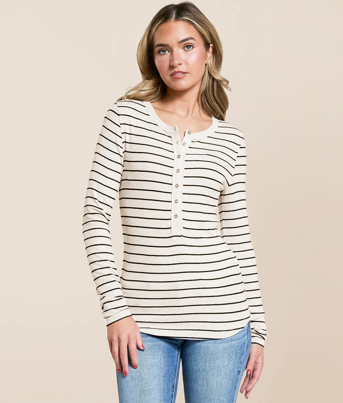 White Crow Katya Striped Henley Light Oatmeal Heather Hot