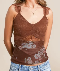 Tops | Willow & Root Keyhole Floral Eyelash Lace Tank Top Brown