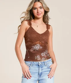 Tops | Willow & Root Keyhole Floral Eyelash Lace Tank Top Brown