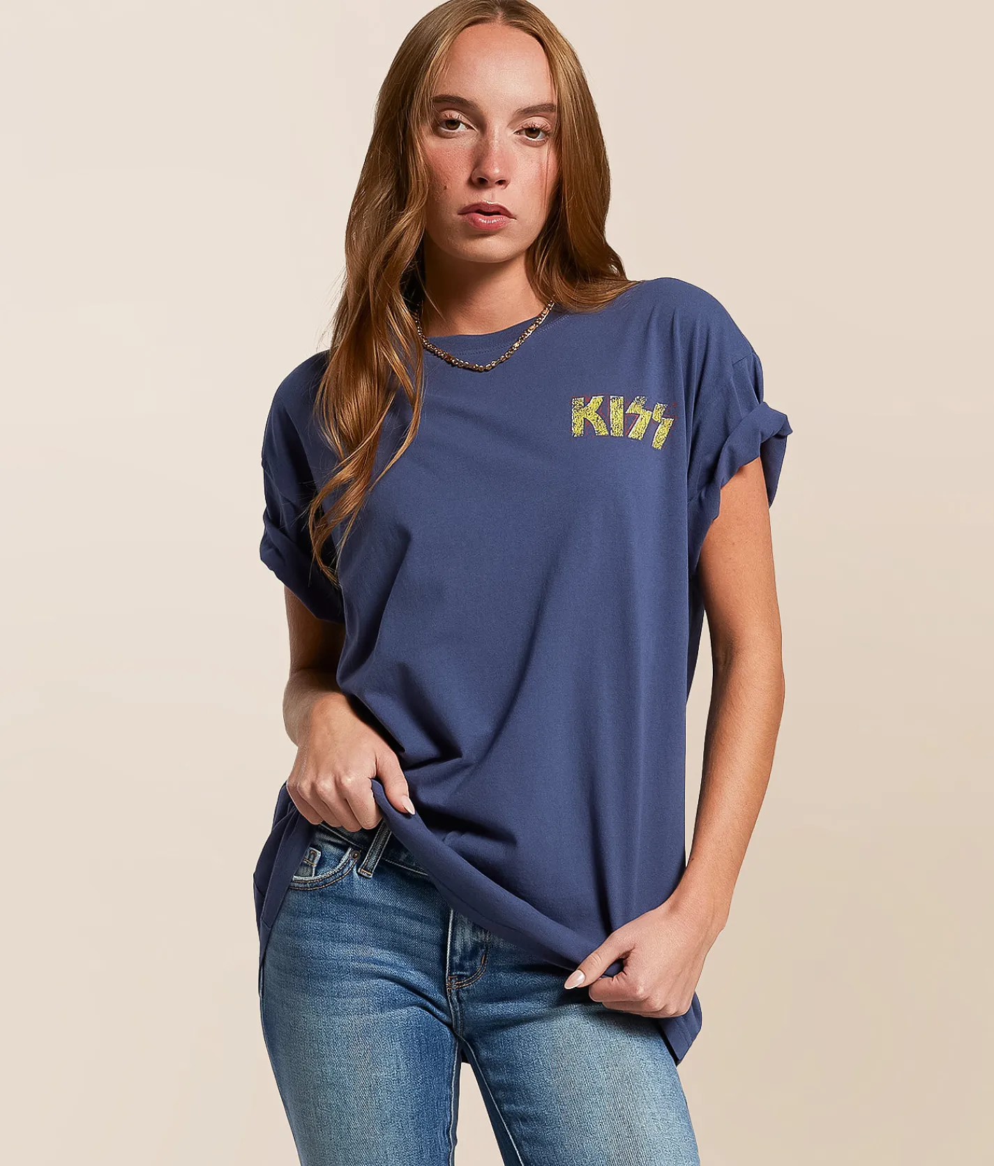 Tops | Goodie Two Sleeves KISS Oversized Band T-Shirt Washed Navy