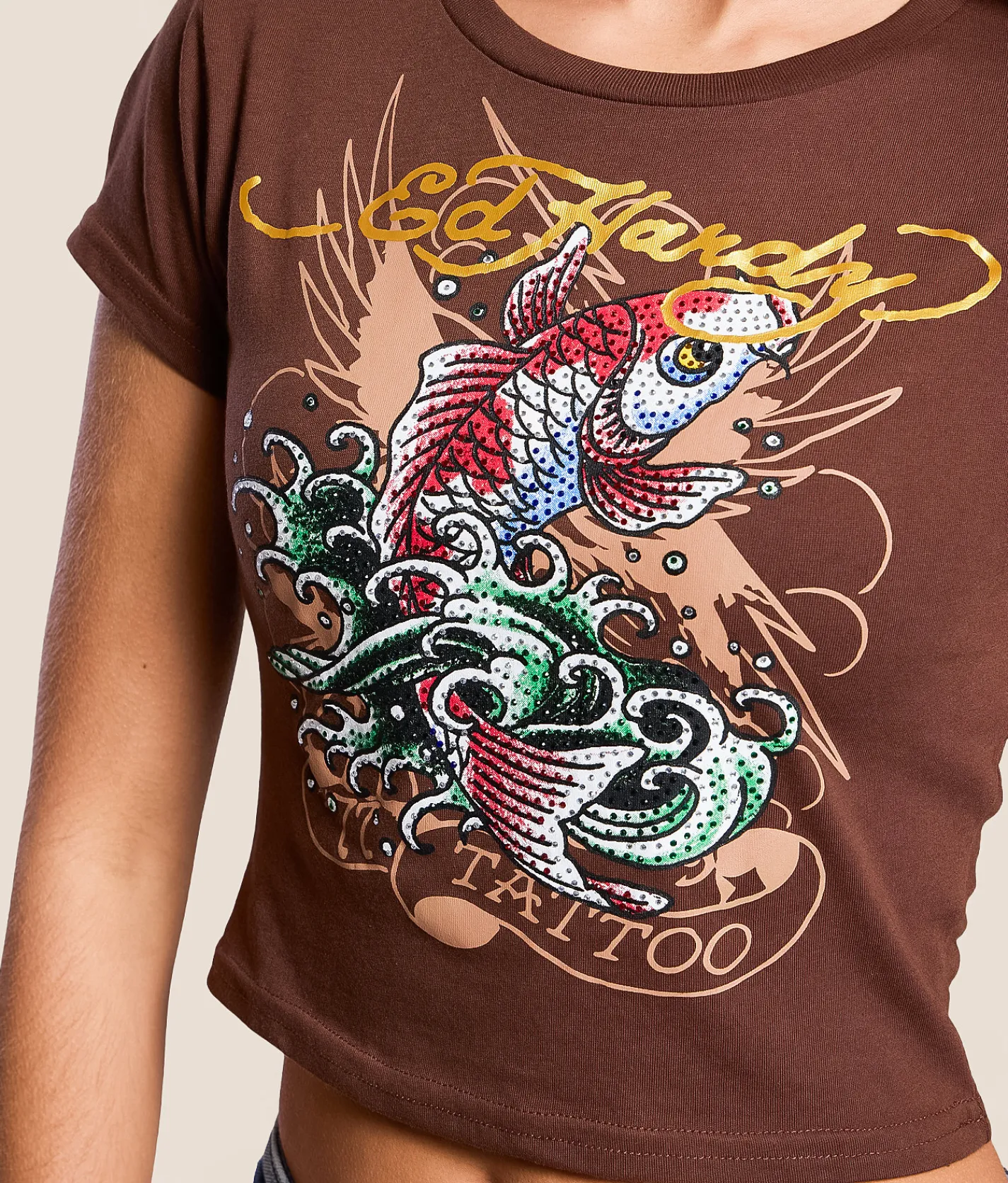 Tops | Ed Hardy Koi Fish Cropped Baby T-Shirt Cocoa
