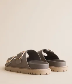 Mia Krisstie Big Buckle Sandal Taupe Gold Buckle