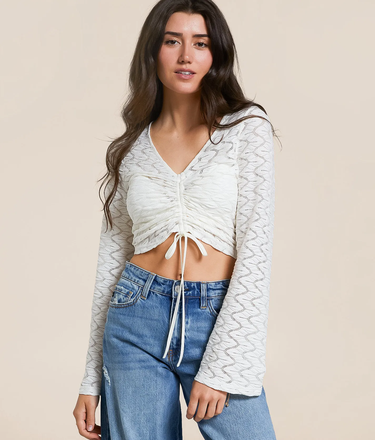 Tops | Willow & Root Lace Cinch Tie Cropped Top White