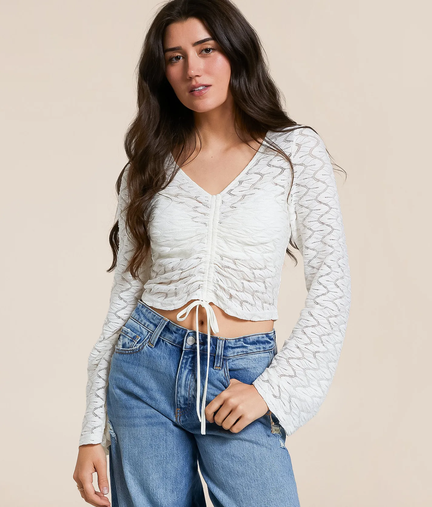 Tops | Willow & Root Lace Cinch Tie Cropped Top White