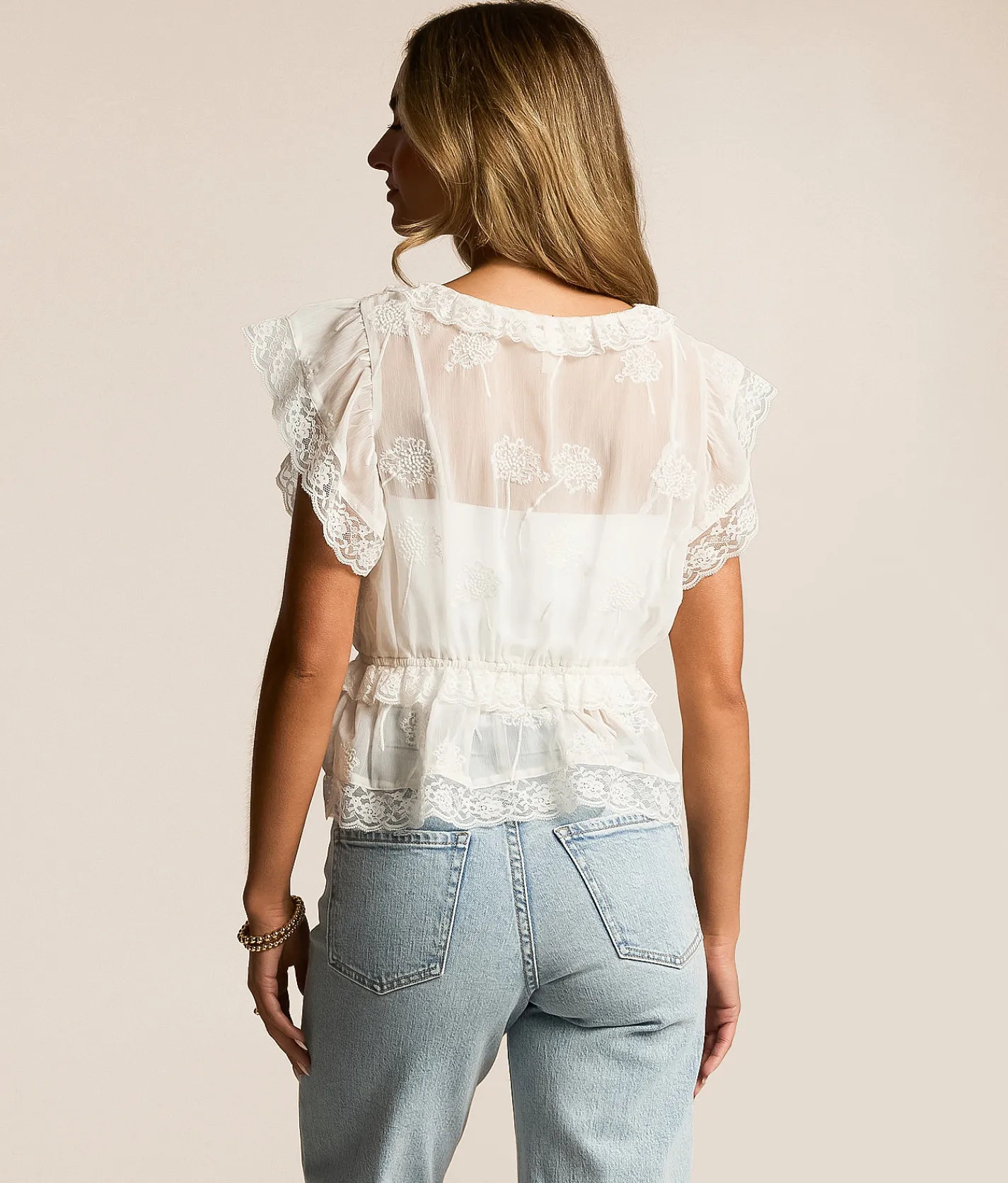 Tops | Willow & Root Lace Flutter Peplum Top White